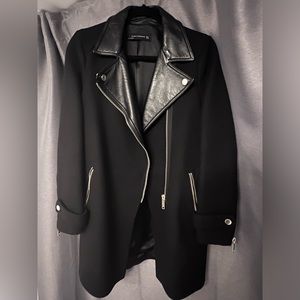 Black Wool Biker Coat with Lambskin Collar